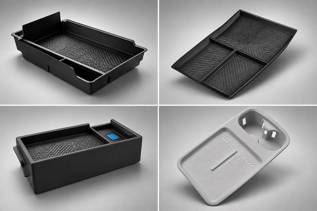 XPENG P7+ Innenraum-Organizer-Set mit schwarzen Ablageboxen und hellgrauem Mittelkonsole-Organizer