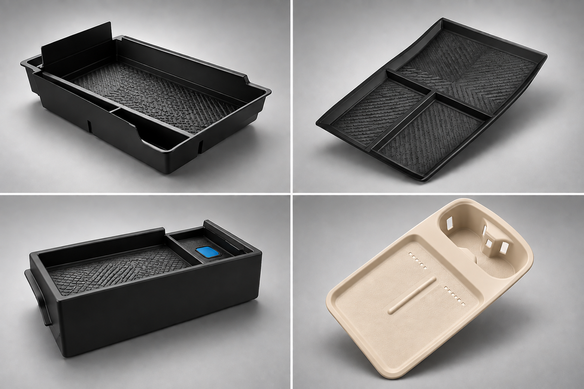 XPENG P7+ Innenraum-Organizer-Set mit schwarzen Ablageboxen und beigem Mittelkonsole-Organizer
