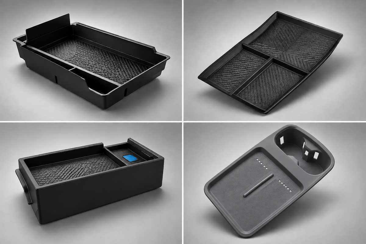 XPENG P7+ Innenraum-Organizer-Set mit schwarzen Ablageboxen und dunkelgrauem Mittelkonsole-Organizer