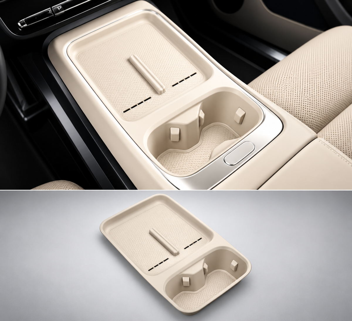 XPENG P7+ Mittelkonsole-Organizer in Beige, eingebaut und als Produktansicht