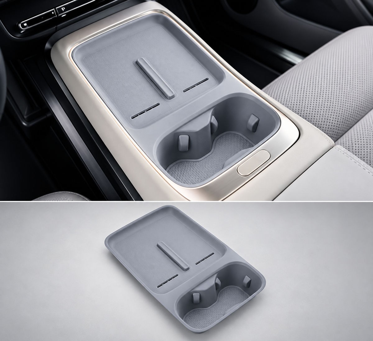 XPENG P7+ Mittelkonsole-Organizer in Graublau, eingebaut und als Produktansicht
