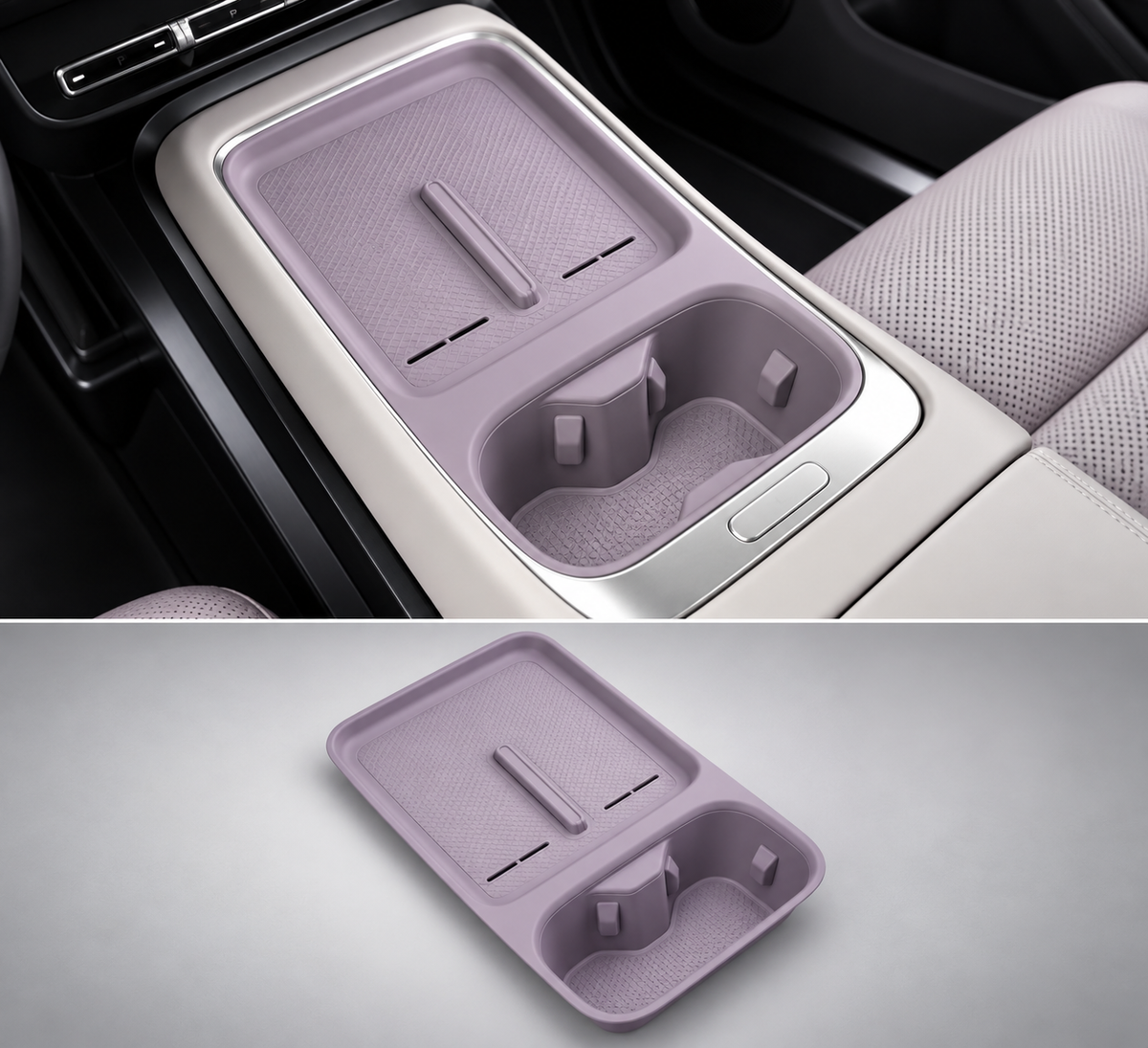 XPENG P7+ Mittelkonsole-Organizer in Violett, eingebaut und als Produktansicht